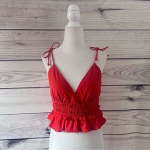 Sim & Sam Red-Orange V Neck Tie Shoulder Crop Top